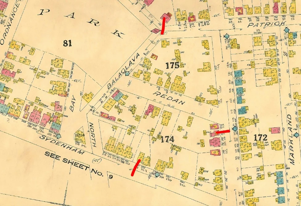The Fire Insurance Map of 1924, with the properties roughly marked.