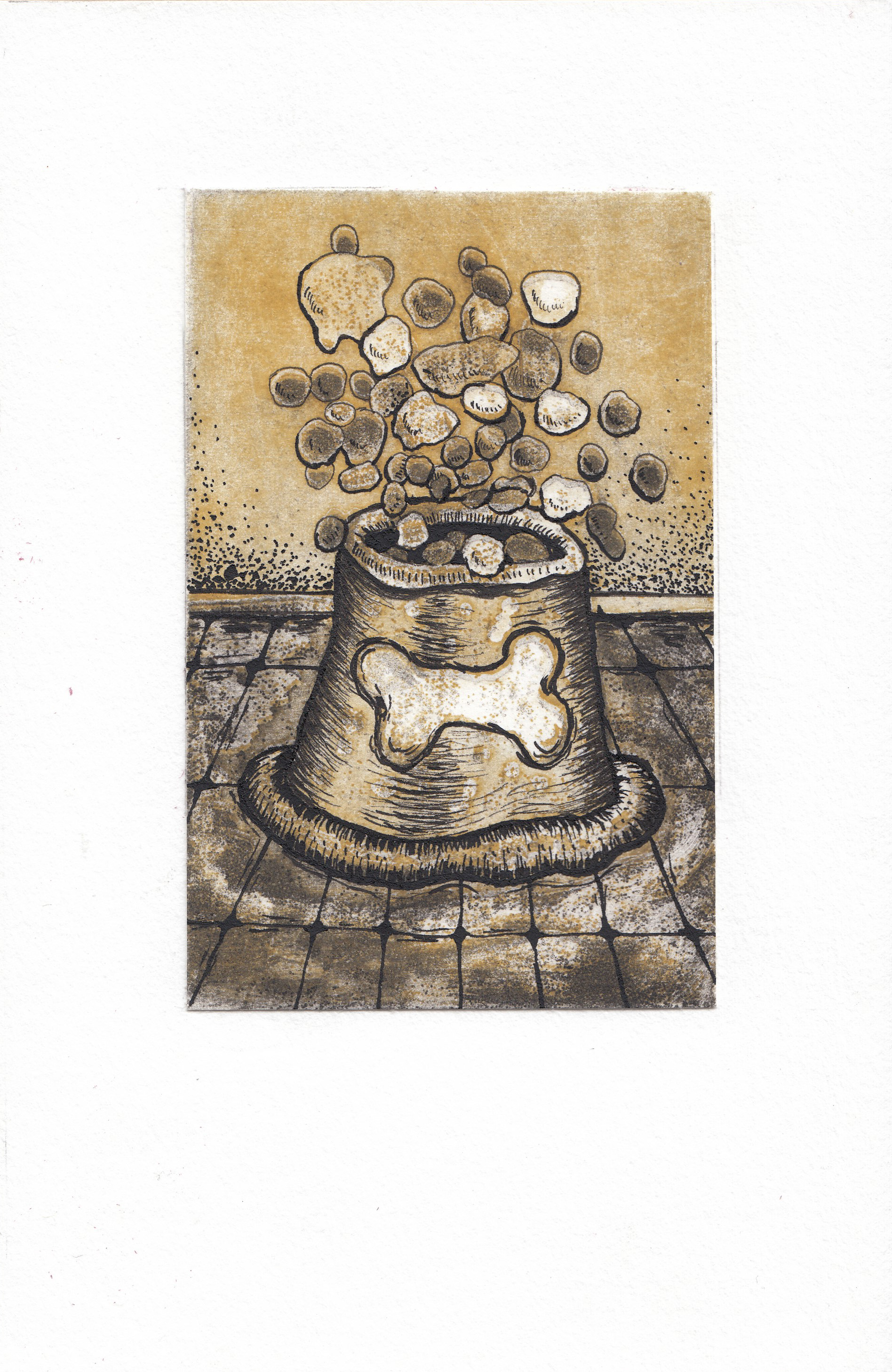 Dog Bowl Kibble , 2017 etching with pen and ink drawing 3 x 4 inches