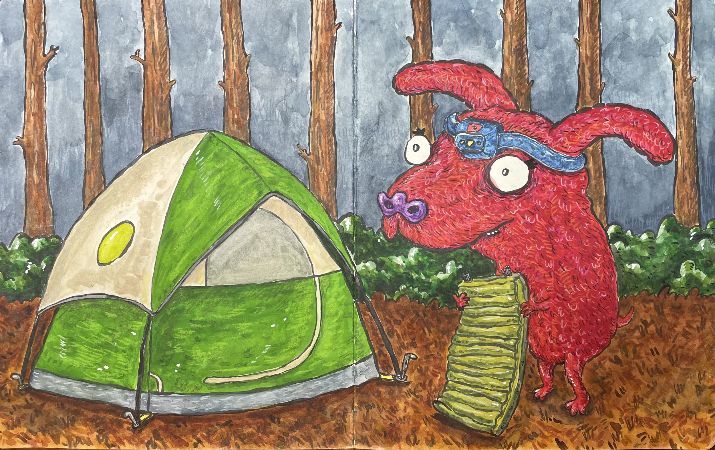 Camping Newbie, 2020 watercolor, gouache, ink, and colored pencil 10” x 16”