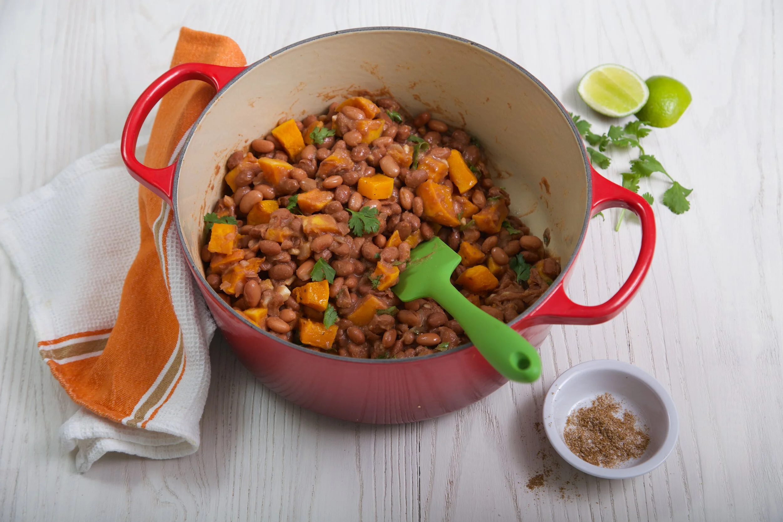 Barbecue Pink Beans with Butternut Squash, Lime and Cilantro