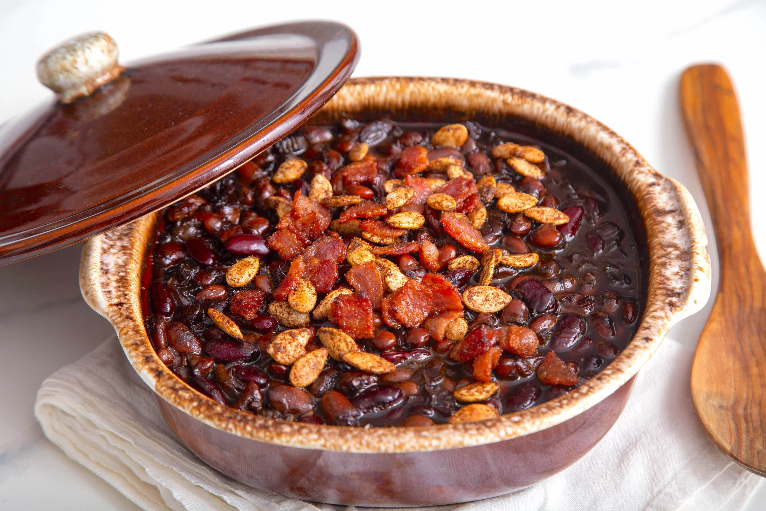 Molasses Red Wine Crocked Beans with Cinnamon Sugar Lardons