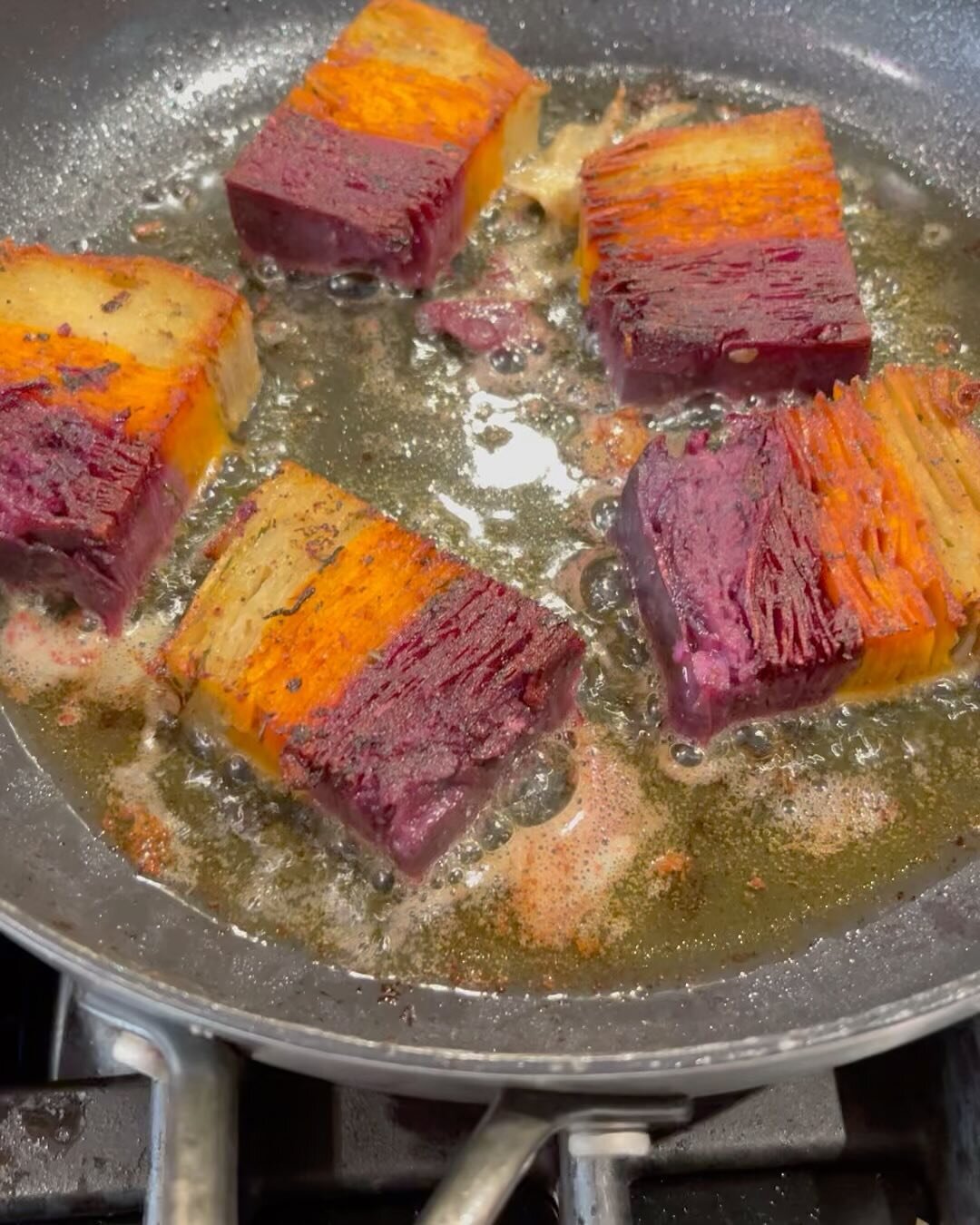 Christmas requires a decadent potato dish, I think.

Don&rsquo;t you agree??

I&rsquo;m crisping up this Potato Pav&eacute; made with three kinds of potatoes: one Russet, one sweet potato, one purple sweet potato. 

It&rsquo;s a fancy French dish tha