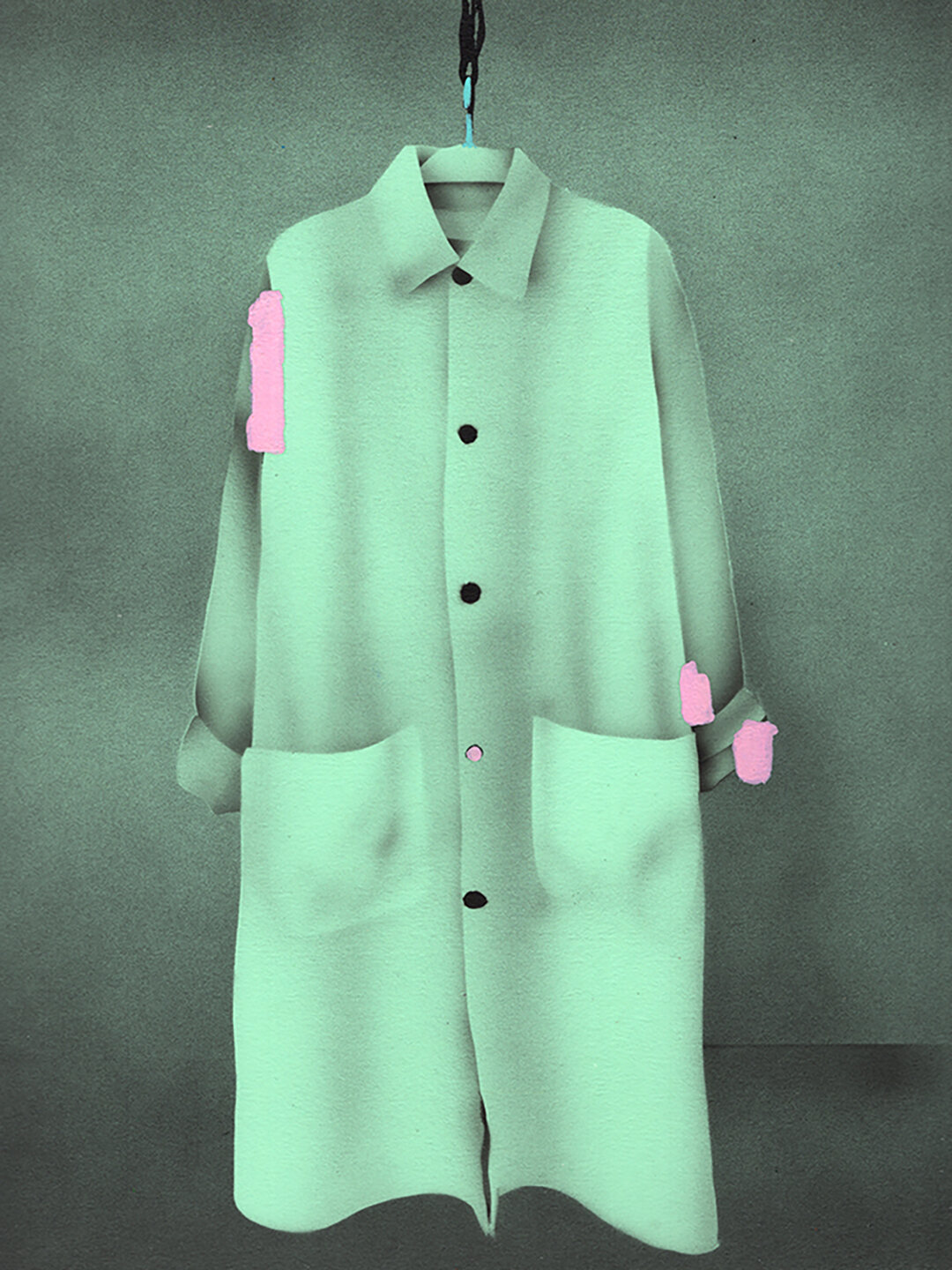 Green Coat with Four Black Buttons and One Pink One