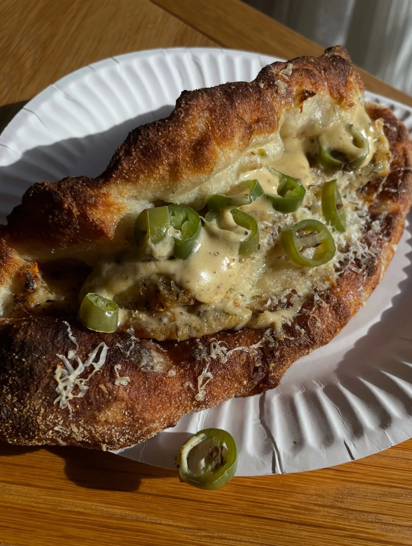 Chicken cutlet, cacio pepe and green chilli fold-over from @rosaliasmteden 

Oh my goodness this sandwich is amazing. The aroma of the green chilli as I walked home with this hot sandwich in my hand smells exactly like a Pizza Hut and this isn&rsquo;