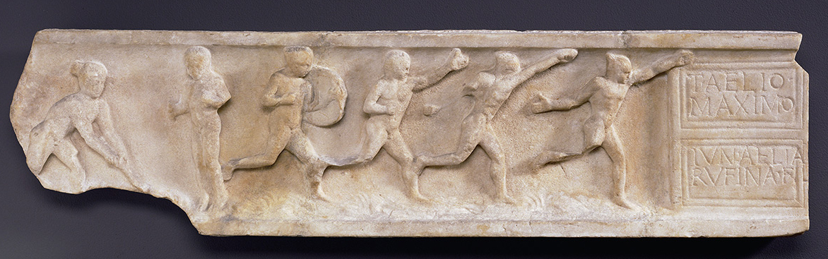 A Roman coffin lid showing athletes running to the right with their arms outstretched while the man on the left prepares the soil for the pentathlon. In 1 Corinthians 9:27 Paul writes, “I discipline my body and bring it under strict control, so that after preaching to others, I myself will not be disqualified.”
