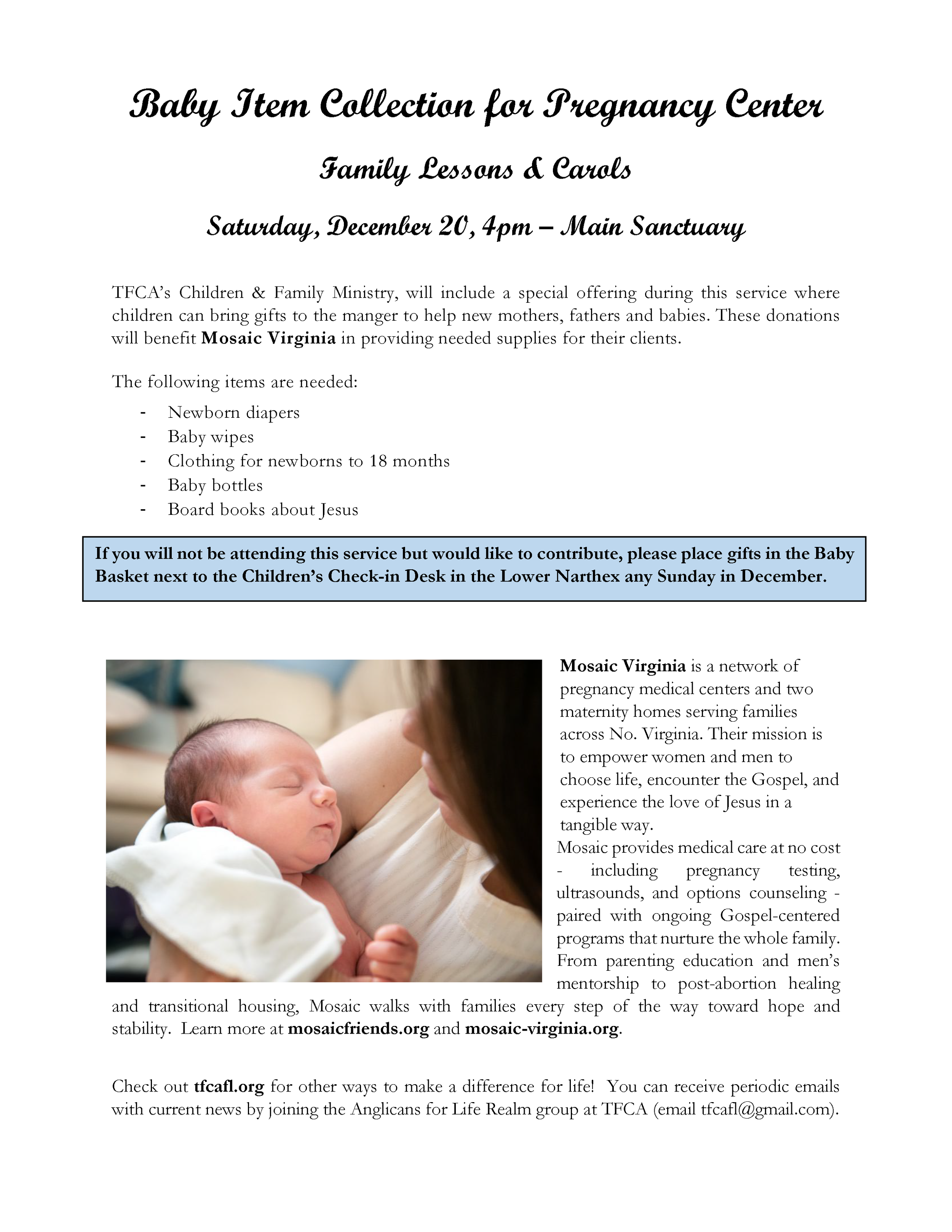 Baby Item Collection for Pregnancy Center (Family Lessons &amp; Carols) 