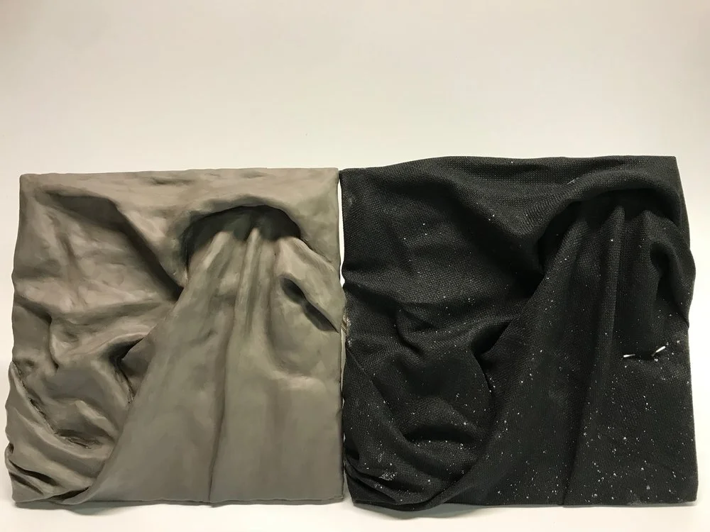  Clay relief form study based on the created live model of manipulated fabric around found objects.    Height 14 in 