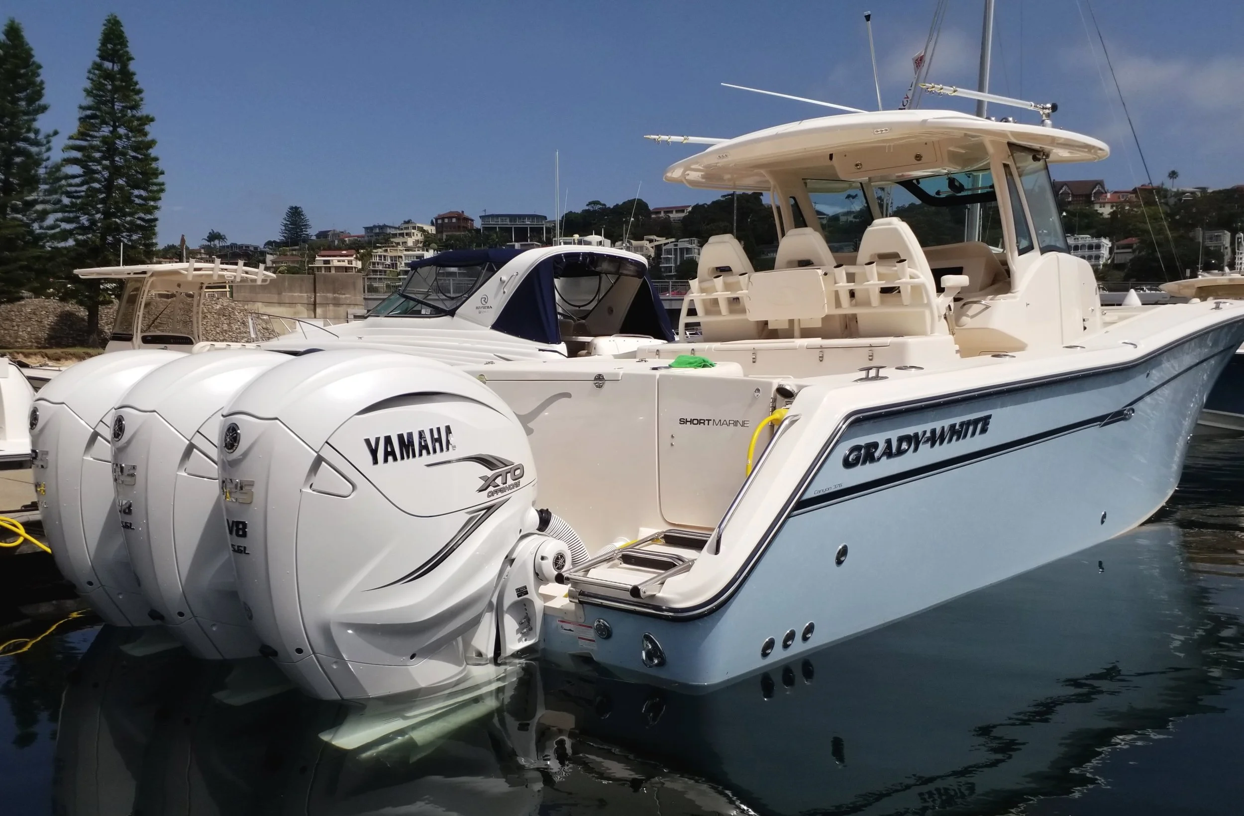 Grady-White Canyon 376 at Short Marine fitted with triple Yamaha V8 425 XTO engines.