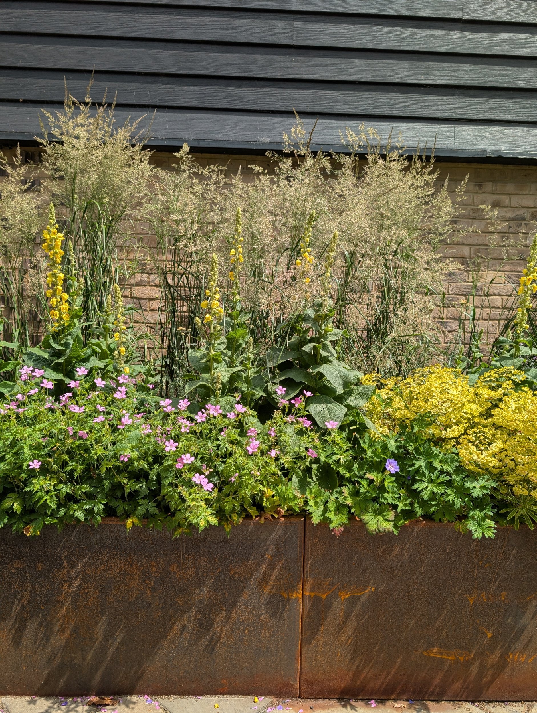 A bespoke corten steel raised bed planter filled with pink, yellow, and purple flowers, with tall green plants and wispy white flowers behind it, set against a dark wooden house exterior.
