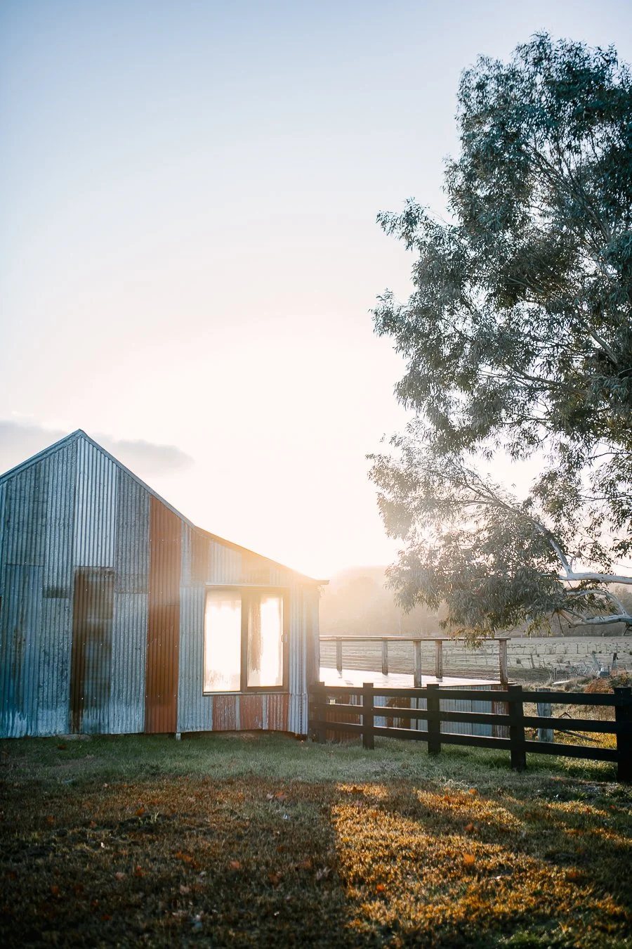 Morning light across the shearing shed and surrounding farm at Dunmore Farm