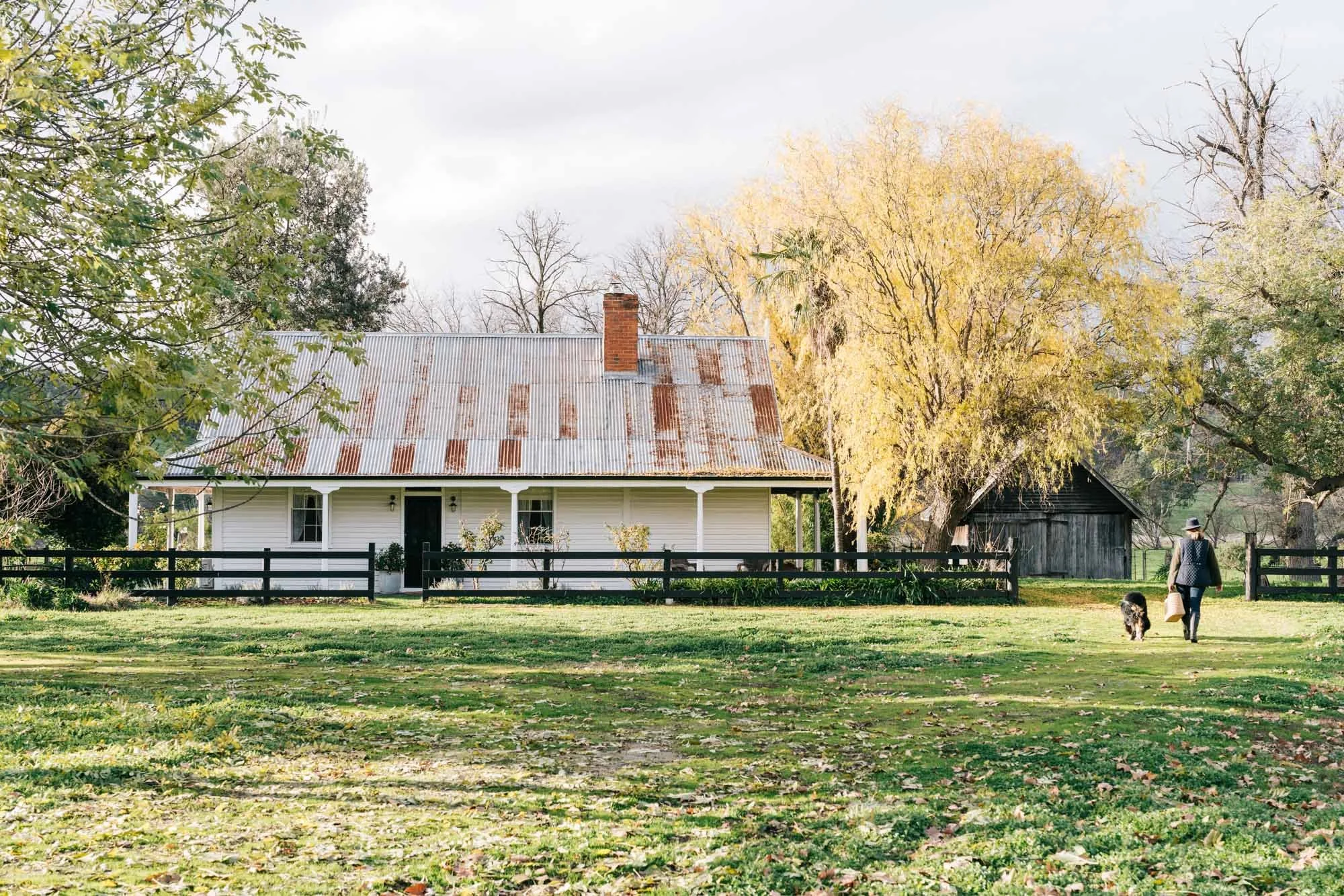 Walking across the grounds between the cottage and shearing shed at Dunmore Farm