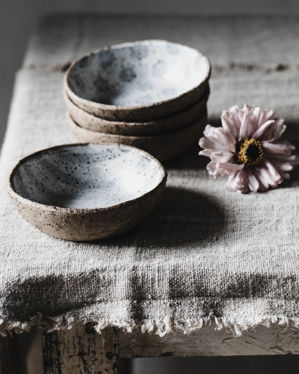 Clay Beehive handmade speckled stoneware bowl with stripes and spots