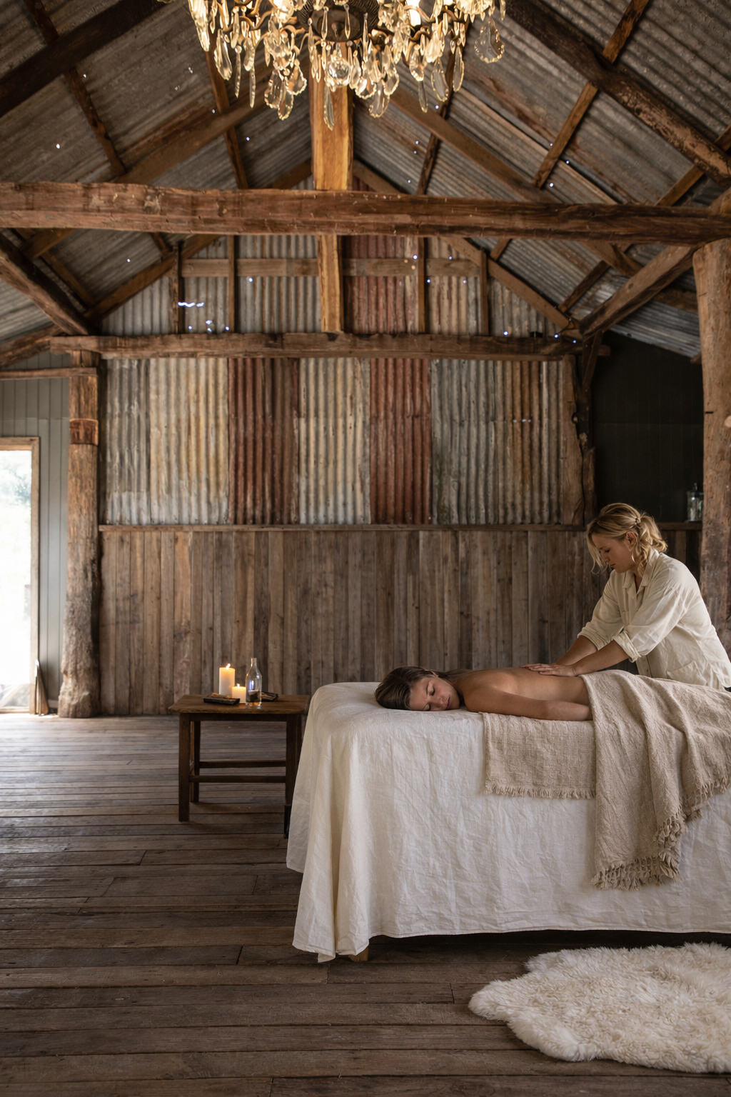Restorative bodywork session inside the shearing shed at Dunmore Farm