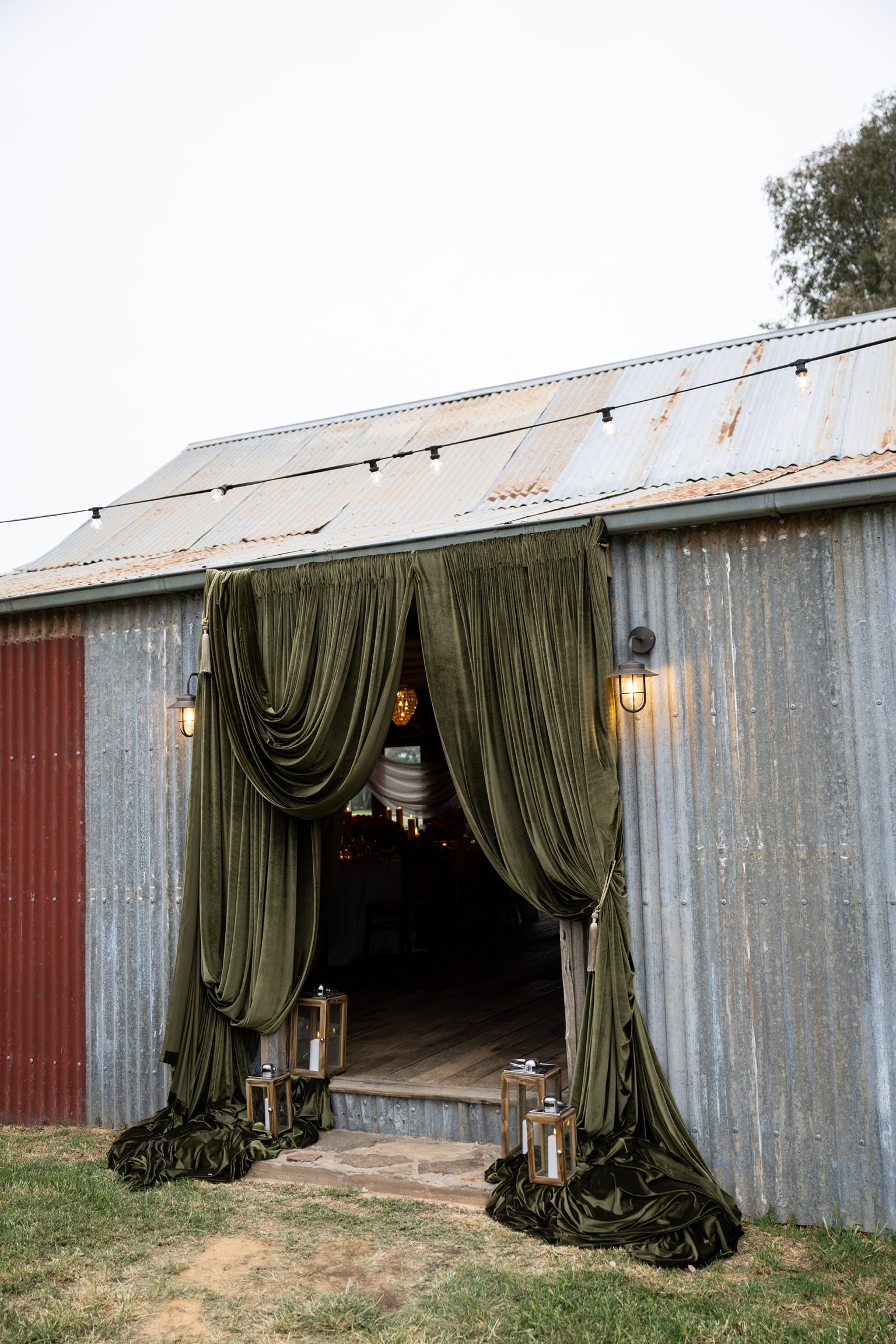 Entrance to the historic shearing shed prepared for a gathering at Dunmore Farm