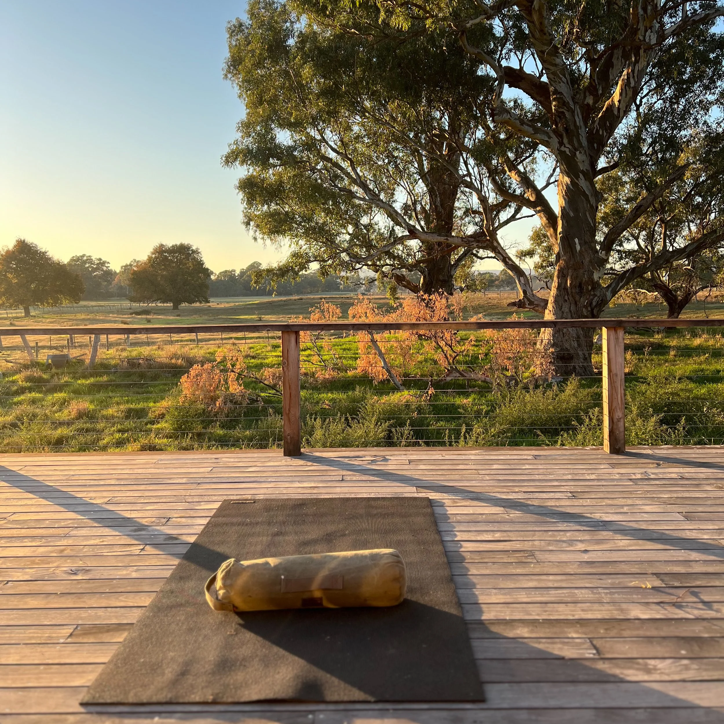 Outdoor wellness deck at Dunmore Farm boutique farm stay in Victoria, Australia, featuring a yoga mat and bolster overlooking open paddocks and native gum trees in golden morning light.