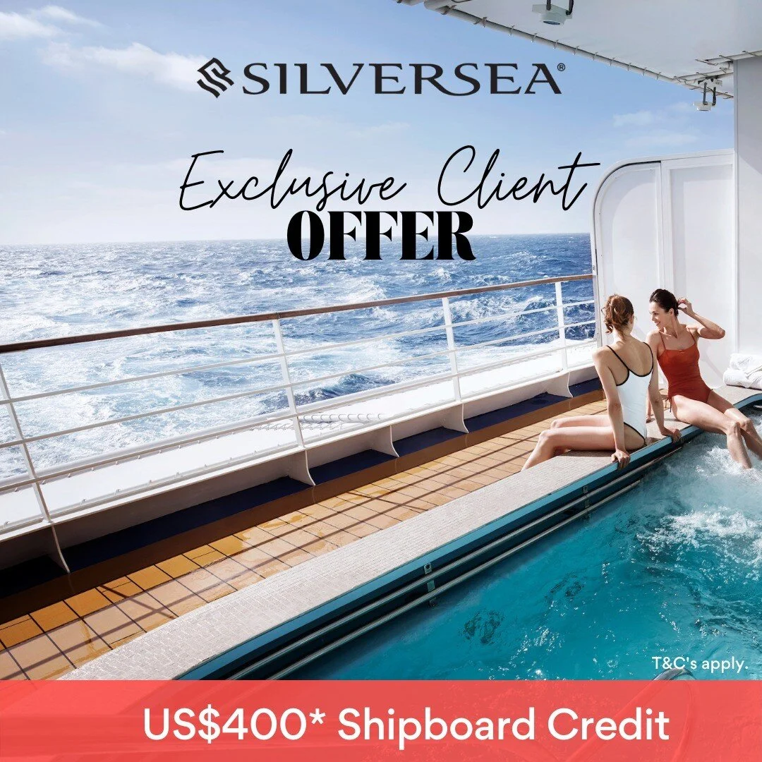 🤩 Silversea &ndash; Exclusive Client Offer
Receive a US$400* Shipboard Credit per suite on your next incredible voyage with Silversea. Exclusively through your Travel Agent. Ends 30 April, 2022. Contact us for your Silverseas experience. 

Applies t