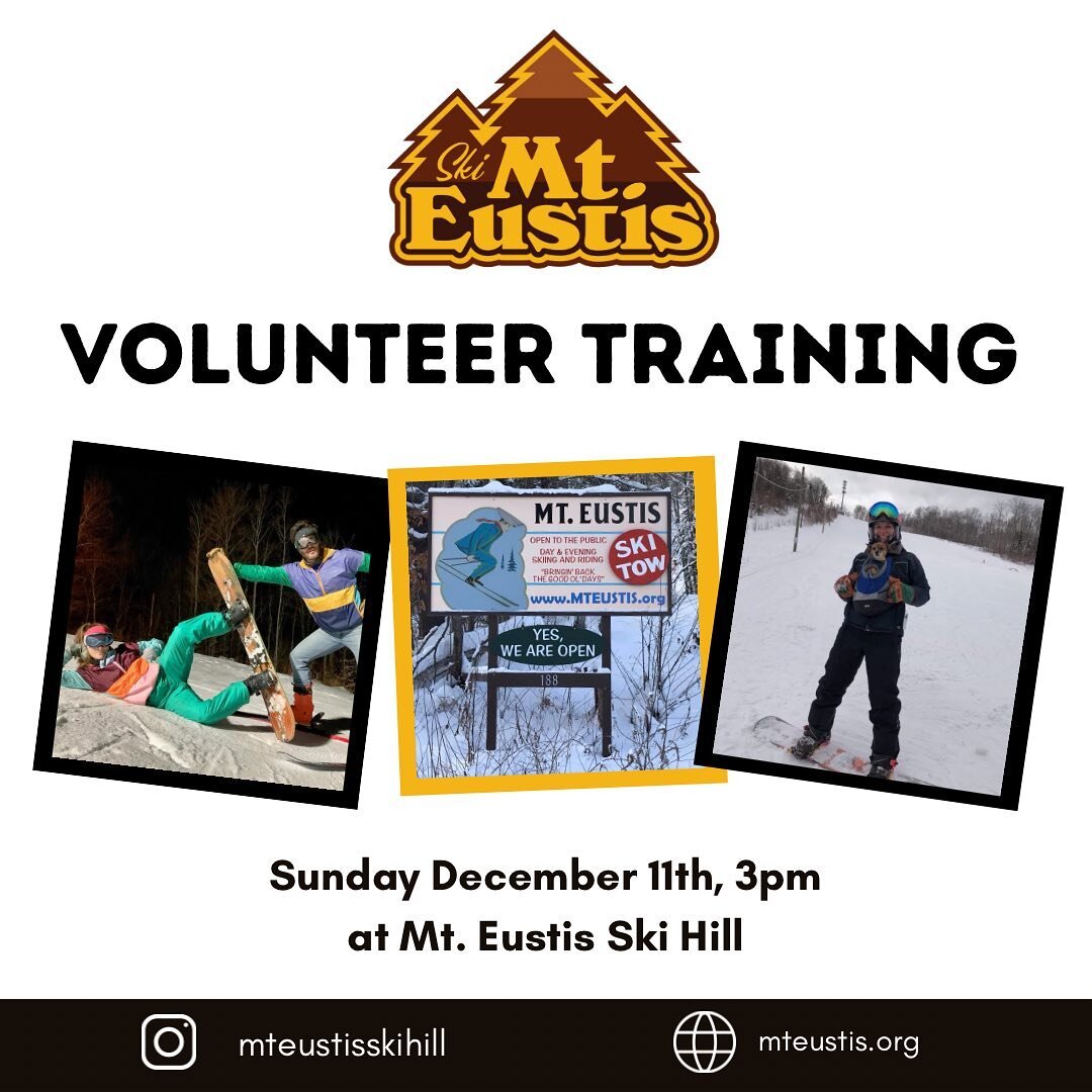 Interested in volunteering this winter? Come to our Volunteer Training on Sunday December 11th at 3pm at the hill! Hope to see you there! 

#volunteering #supportlocal #mteustisskihill #skiandridelocal #littletonnh