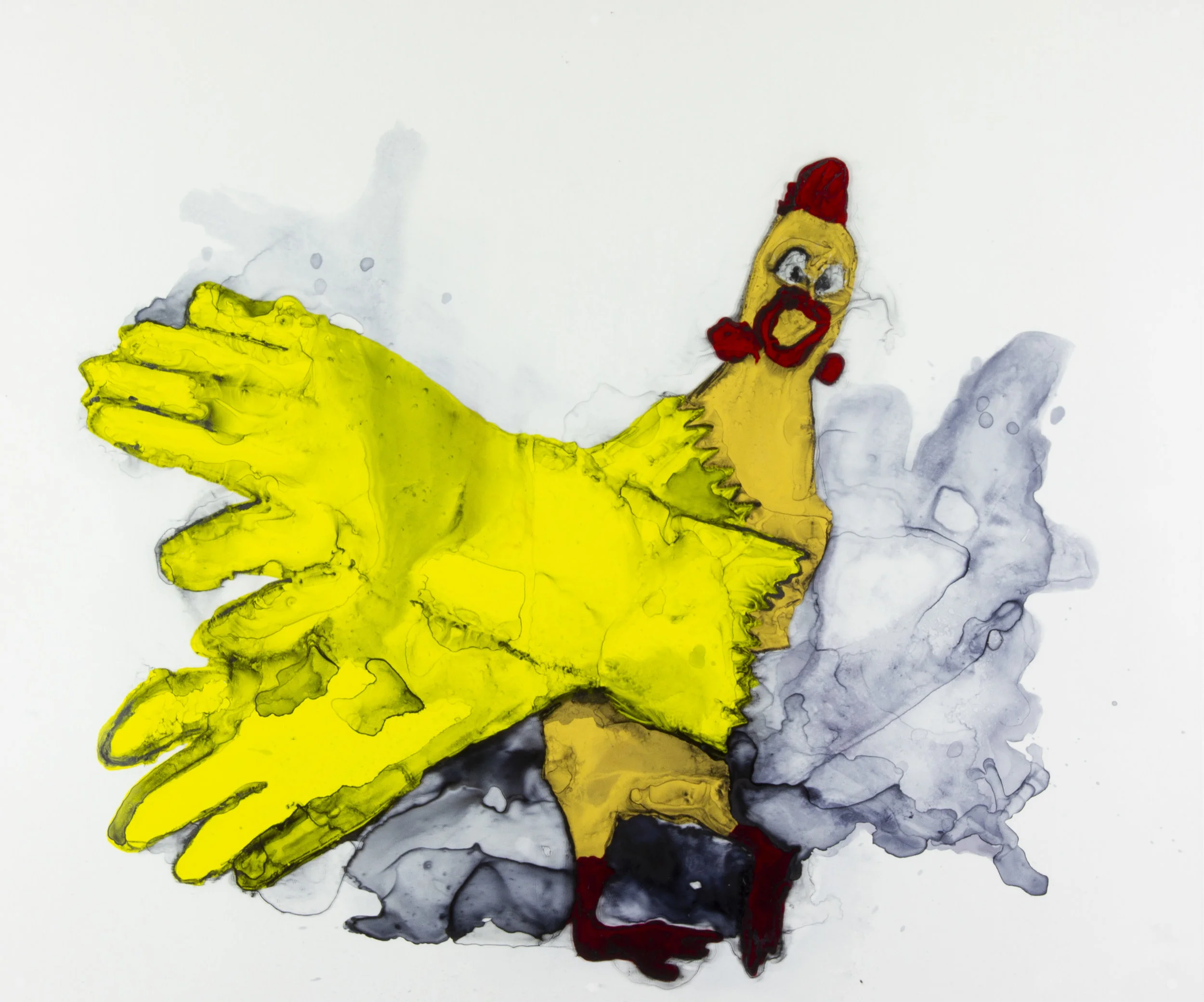 Rubber Chicken Playing Rubber Turkey, 2018, 30x25 inches, watercolor and acrylic on transparent mylar