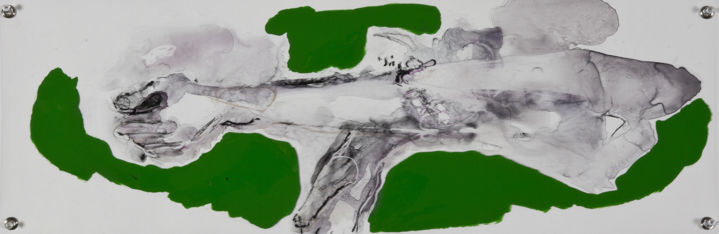 Across The Green, 2014, watercolor and acrylic on grommeted mylar, 10x30 inches