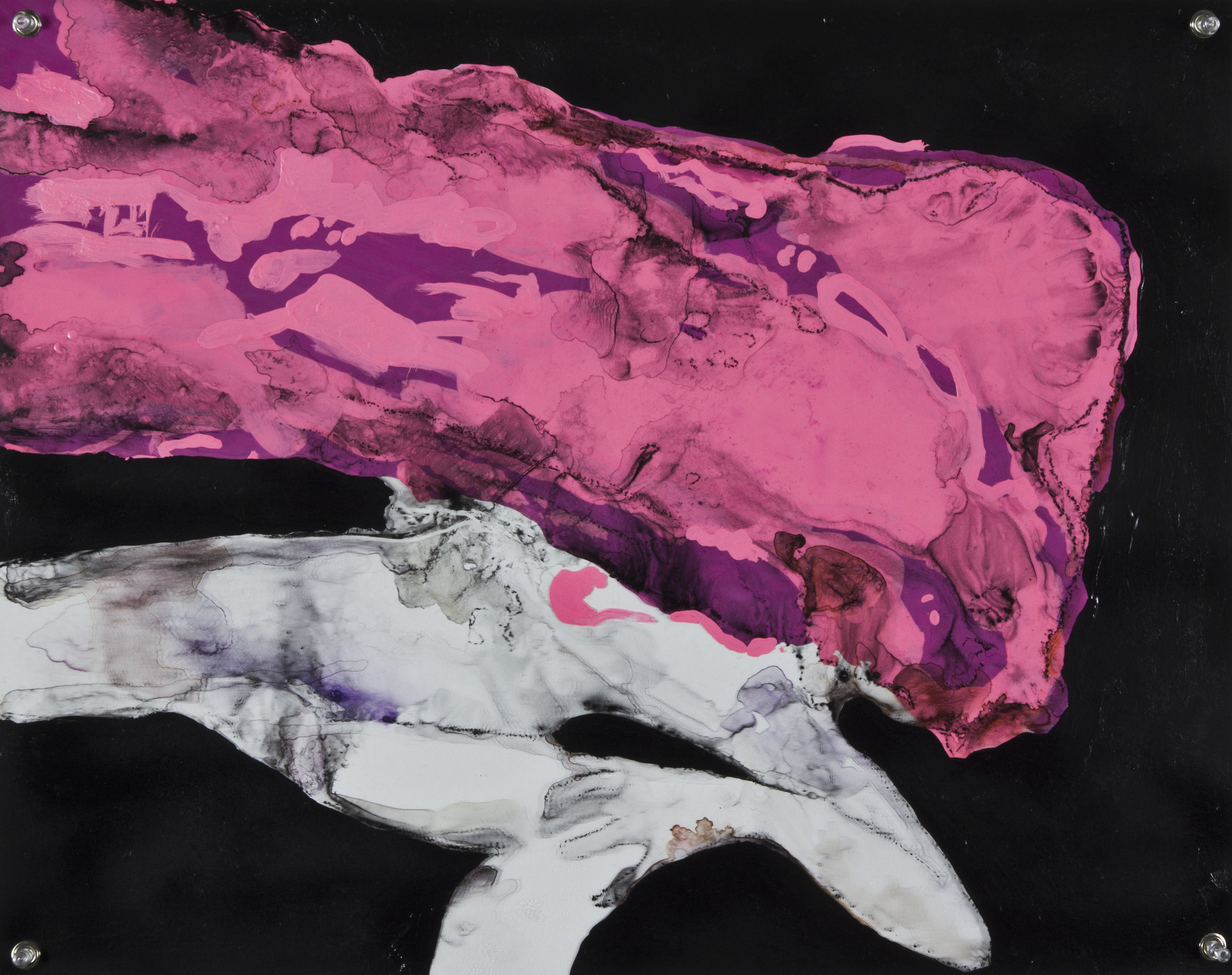 Pink Comet From Left Field, 2014, watercolor and acrylic on grommeted mylar, 18x24 inches