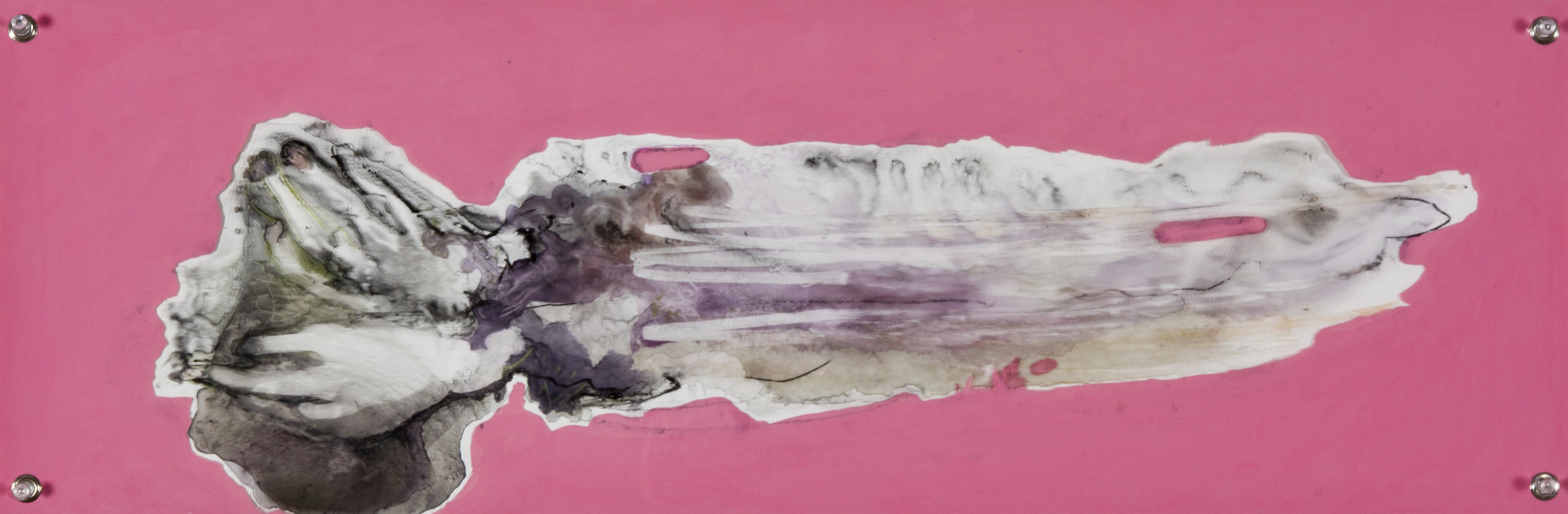 Vanished Structures, 2014, watercolor and acrylic on grommeted mylar, 10x30 inches