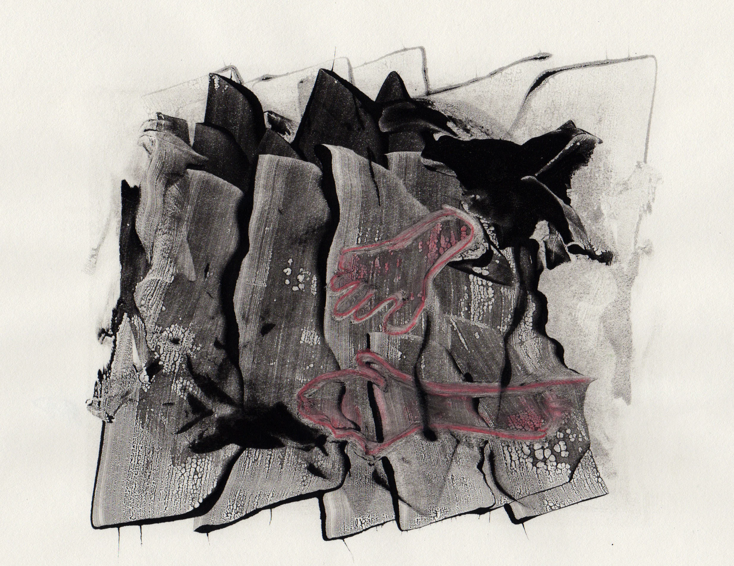 Bed of Slats, 2014, hand colored gelatin monotype, 10x9 inches