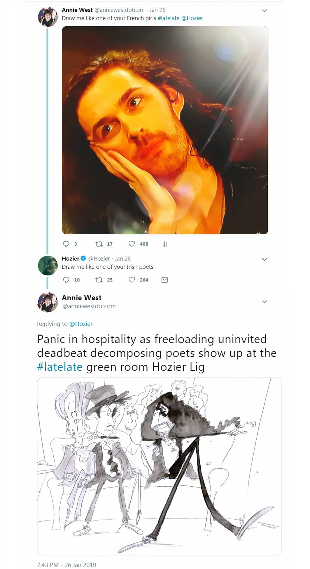 A quick cartoon for Hozier on the Late Late