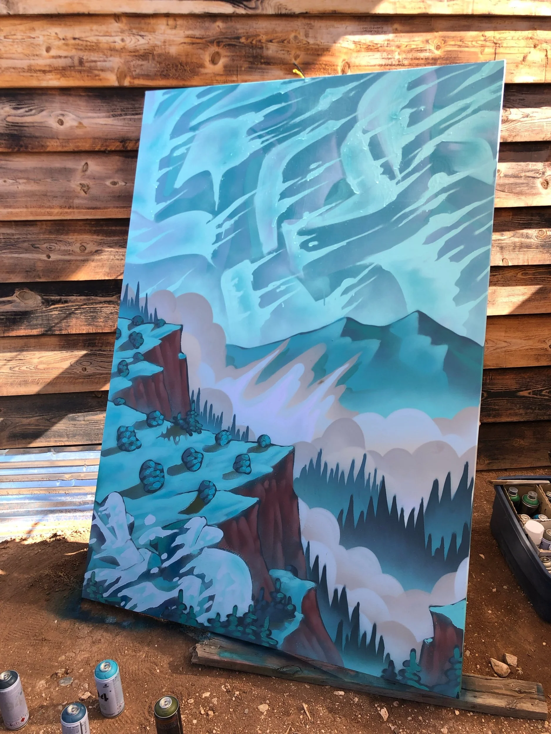 ‘Wind & Water’ Mtn 94 spray paint on wood panel
