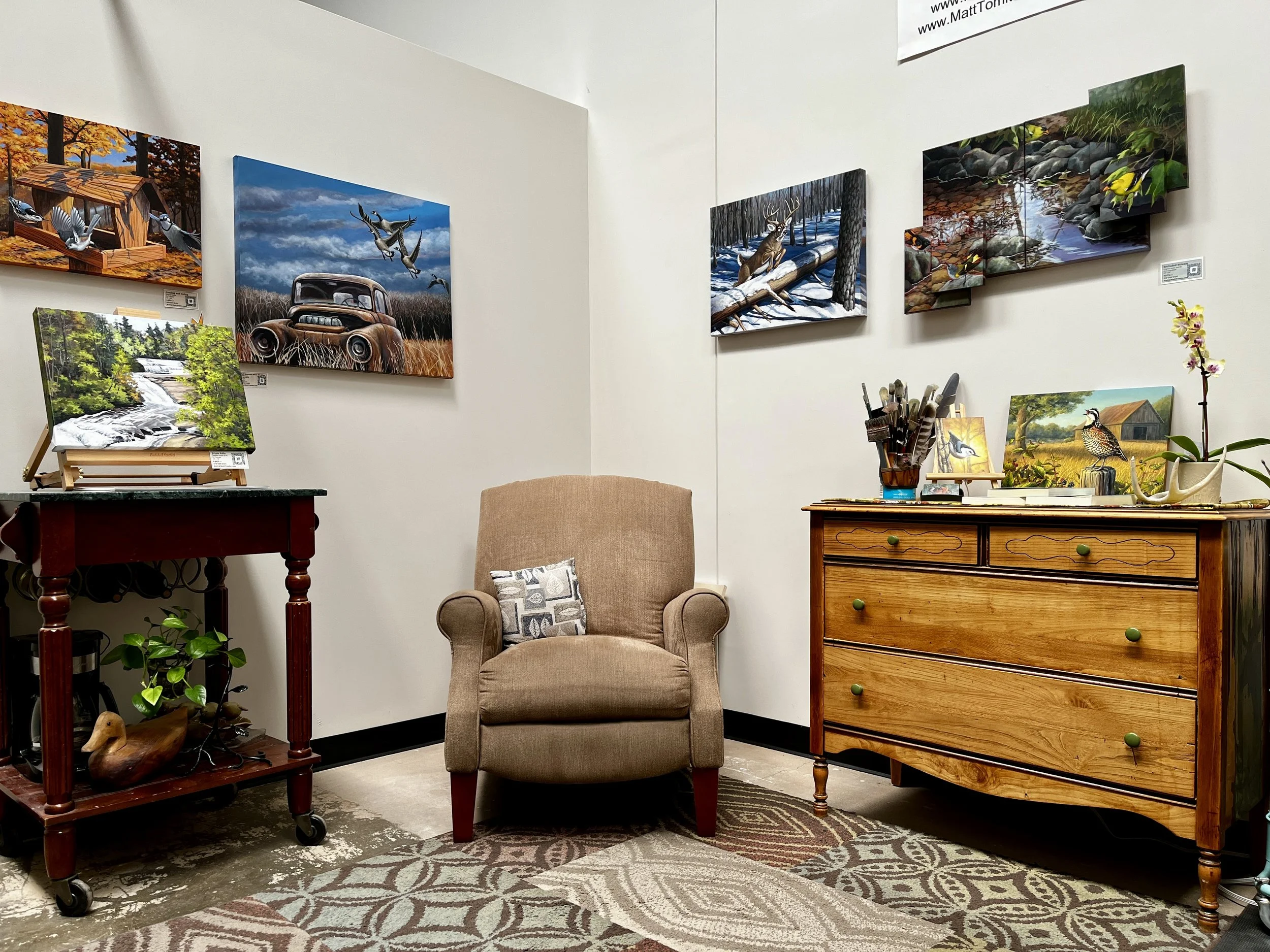 Interior of Wildlife Artist Matt Tomko’s studio at Golden Belt Arts Complex in Durham, North Carolina.