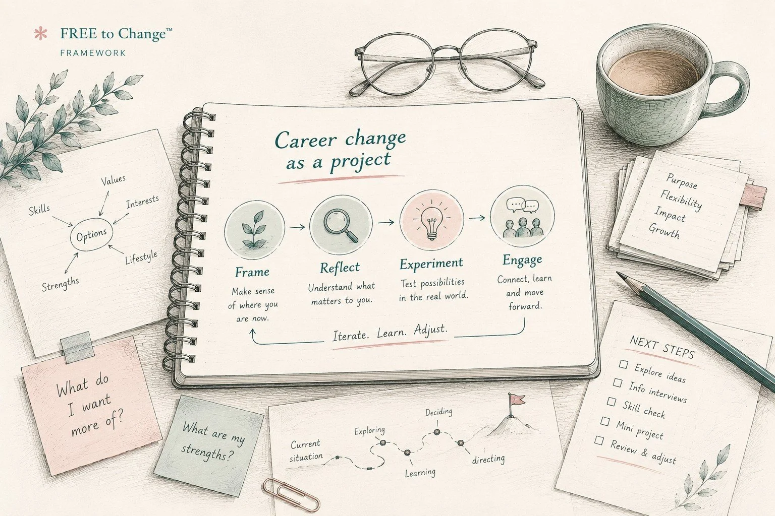 Illustrated workspace representing career change as a structured project.