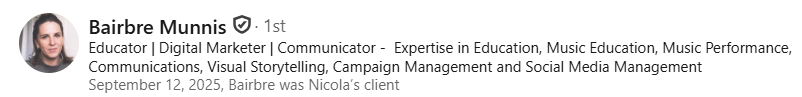 LinkedIn profile header for Bairbre Munnis, educator, digital marketer and communicator.