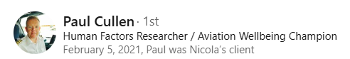 LinkedIn profile header for Paul Cullen, human factors researcher and aviation wellbeing champion.