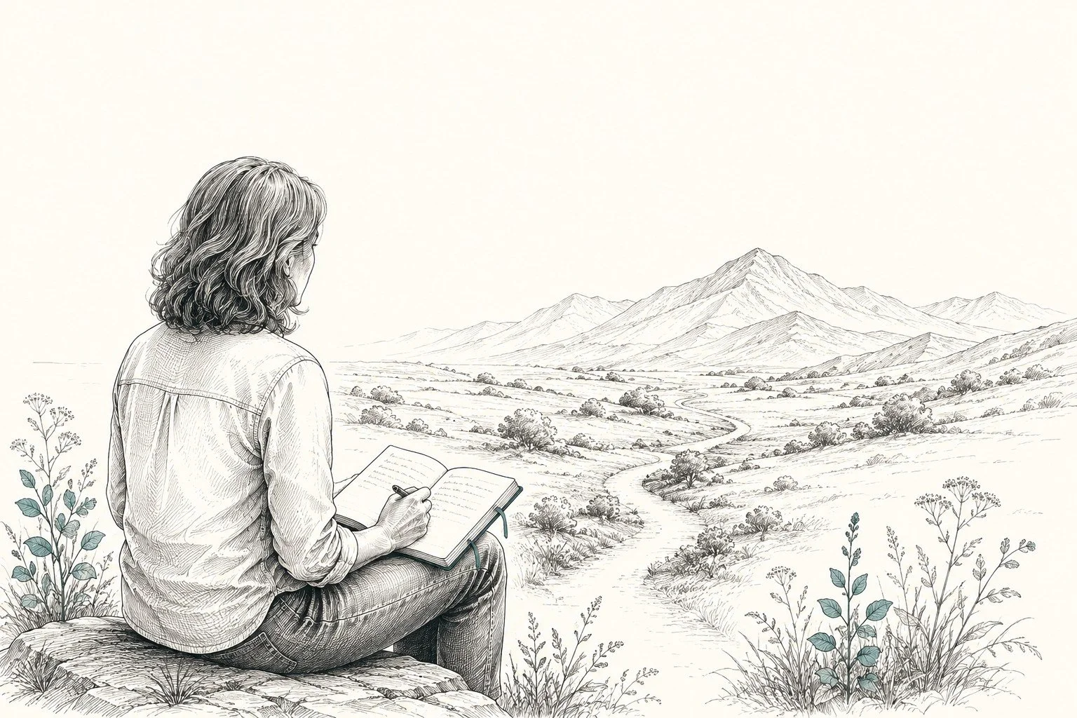 Pen-and-ink illustration of a woman writing in a notebook while overlooking a winding path through a mountain landscape.