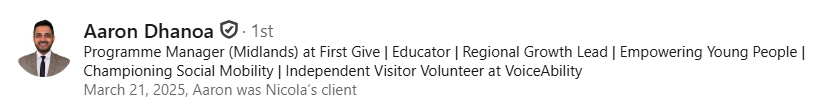 LinkedIn profile header for Aaron Dhanoa, Programme Manager at First Give, educator and regional growth lead.