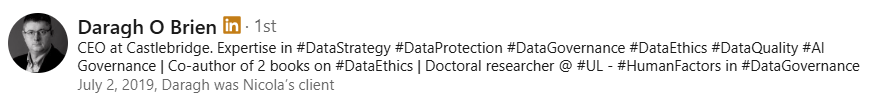 LinkedIn profile header for Daragh O Brien, CEO of Castlebridge, co-author and doctoral researcher.