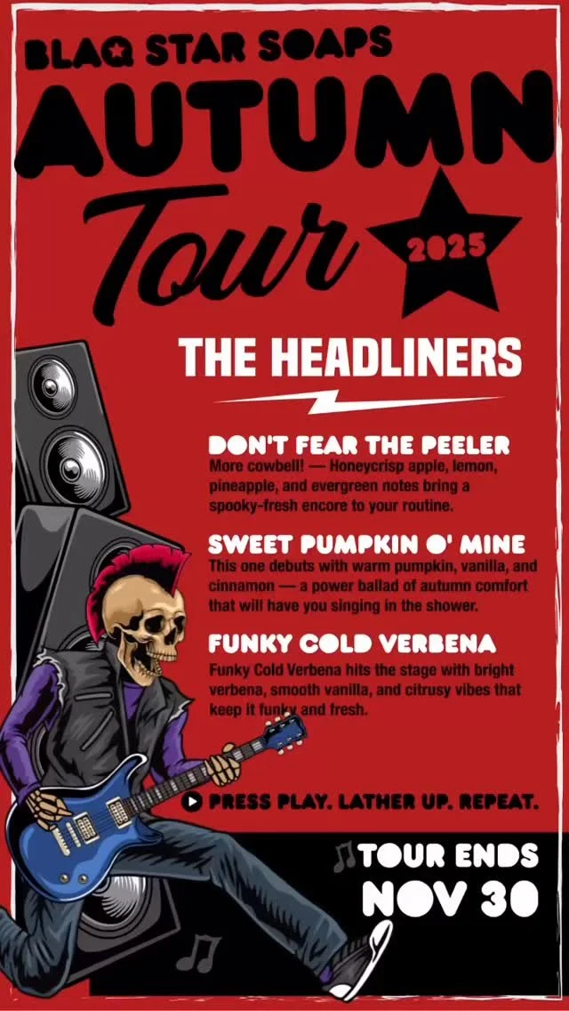 🍂🎶 The Autumn Tour is here! 🎶🍂
Your fall headliners have ARRIVED:
🎤 Funky Cold Verbena
🎃 Sweet Pumpkin o’ Mine
🍏 Don’t Fear the Peeler
✨ Encore Collab drops October 17 — but the whole tour wraps Nov 30!
📼 Limited run. No