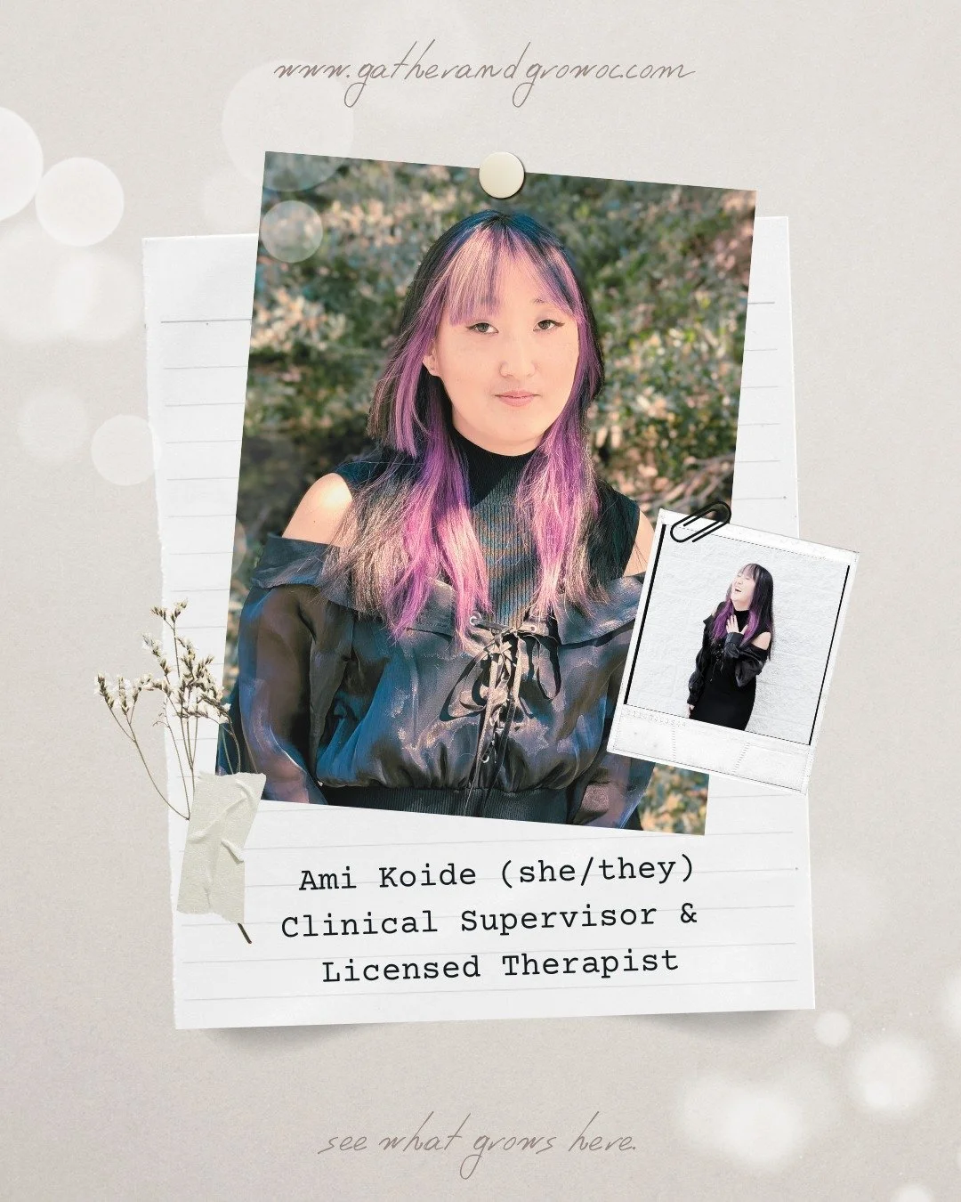 📸 Meet Ami Koide (she/they), LMFT, your go-to therapist for navigating life's complexities with creativity and cultural awareness! ✨

As a queer Japanese-American therapist, Ami brings a unique blend of personal experience and professional expertise