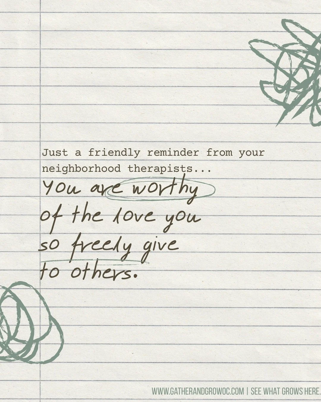 🪴 Just a friendly reminder. 🪴 

You are worthy of the love you so freely give to others. 

#youareworthy #selflove #mentalhealthreminders #mentalhealthmatters #therapistreminders #gatherandgrowoc #seewhatgrowshere #therapyinoc