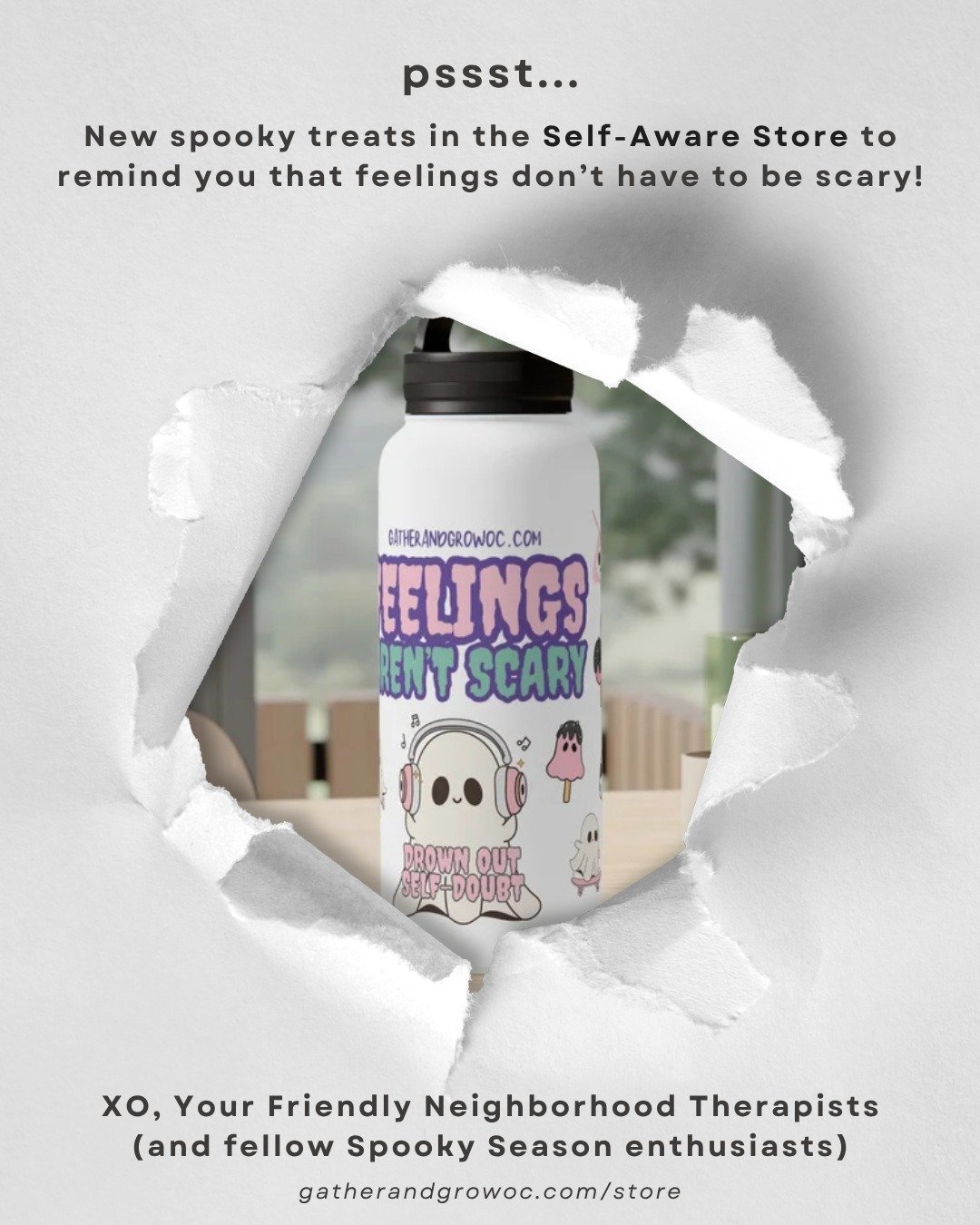 👻✨ Happy Halloween! In case you missed it, there are lots of spooky treats in the Self-Aware Store! ✨👻

Your friendly neighborhood therapists and spooky season enthusiasts here to remind you: Feelings Aren't Scary! 🖤💚

Whether you're sipping your