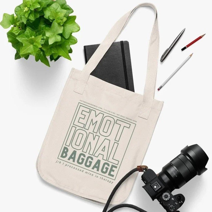 Our store is newly stocked up with lots of mental health goodies, including our popular Emotional Baggage tote!  #SeeWhatGrowsHere 🌱 

Purchase here: https://www.gatherandgrowoc.com/store/organic-canvas-tote-bag-emotional-baggage

Visit our official