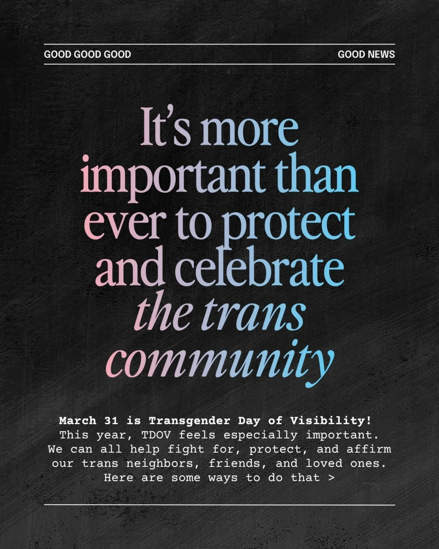 Thank you to @goodgoodgoodco for their labor compiling these resources. ❤️

Today is Trans Day of Visibility. As allies, it is so important that we continue to cultivate safe and brave spaces for our trans clients. 🏳️&zwj;⚧️
&mdash;
#Repost @goodgoo