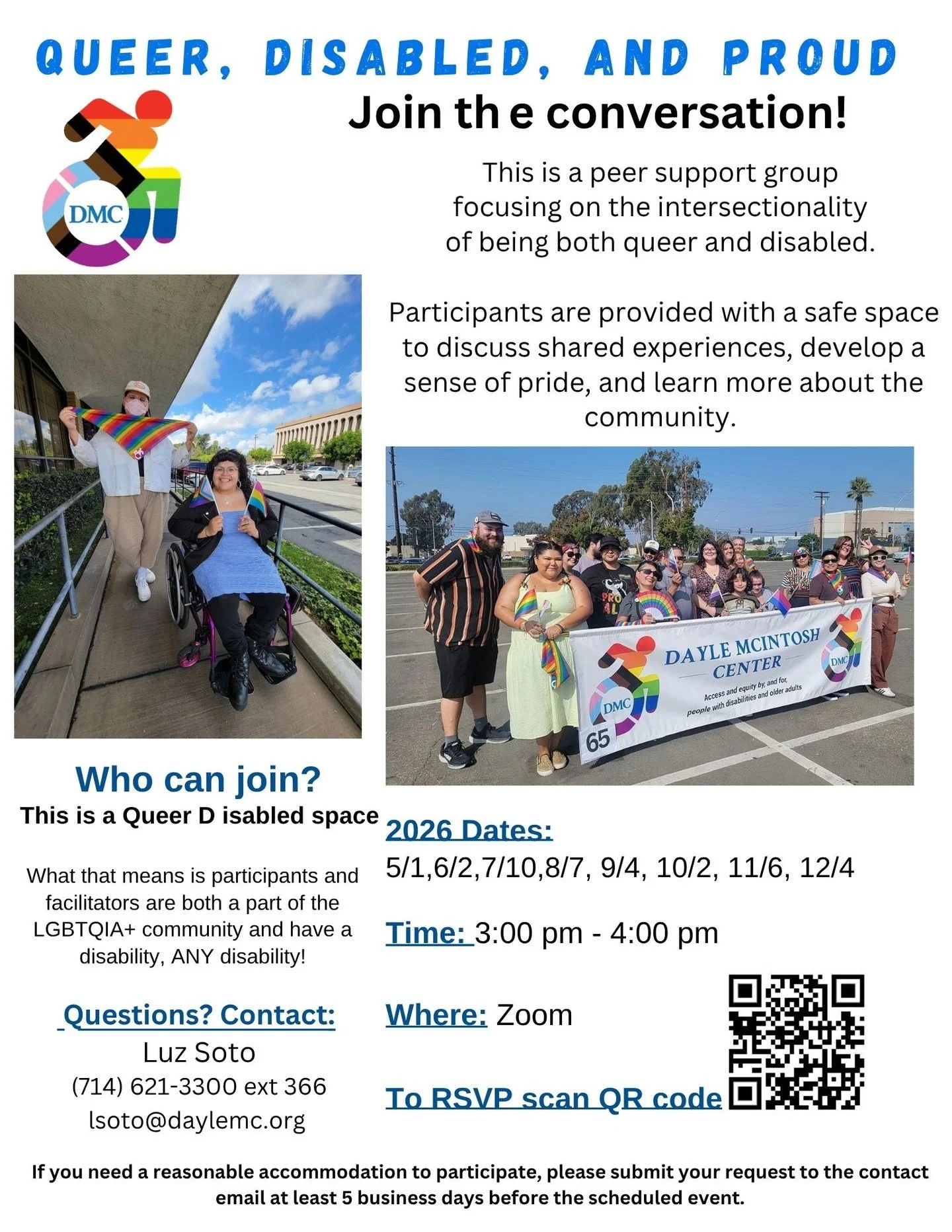 Signal boosting the 'Queer, Disabled, and Proud' Peer Support Group. This group is focused on the intersectionality of being queer and disabled. 

This virtual group meets once a month via Zoom. 

[Scroll for the flyer in Spanish]

Reach out to Luz S