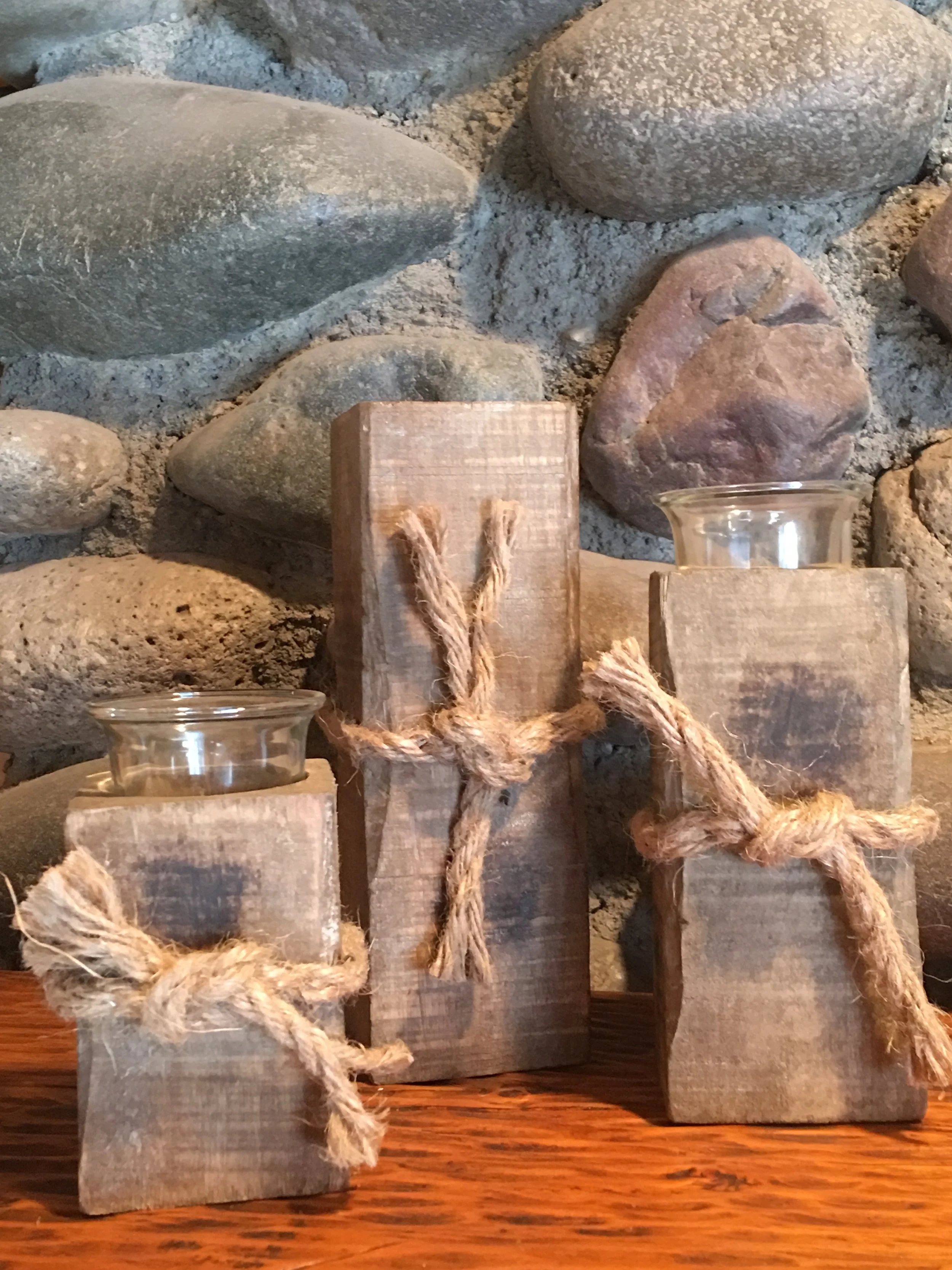 2 sets of 3 sizes  tall square wooden candlesticks