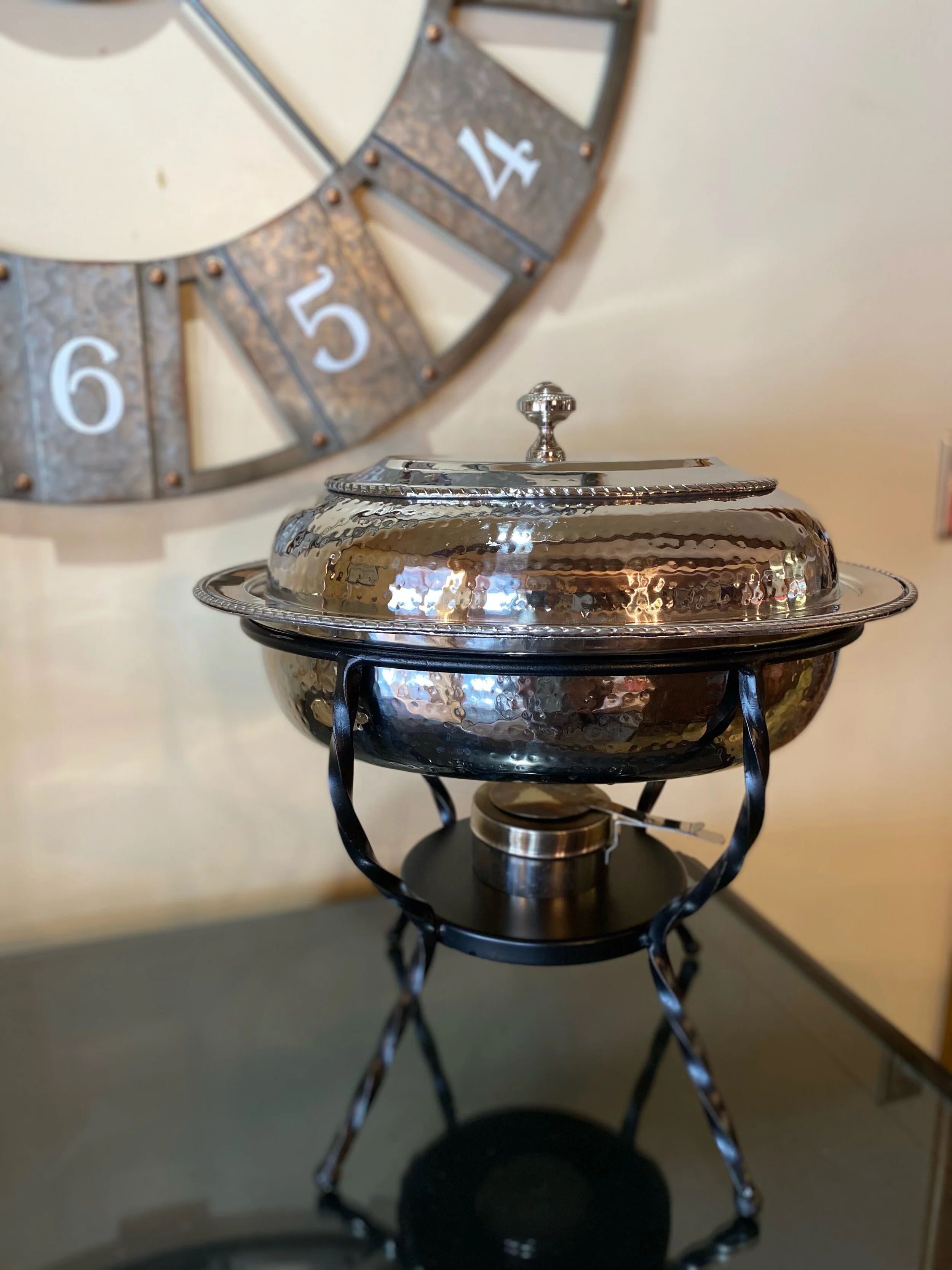 1 count Sterling silver oval chafing dish on wrought iron stand 14" long