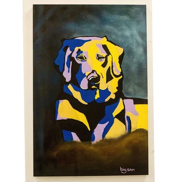 Ⓣⓘⓝⓐ ⓣⓗⓔ 🐶!
.
.
Love working with that purple and playing with the effects of spraypaint.  Thanks for the creative freedom and enjoy the painting 🙃
.
.
.
.
.
#bostonartist #bostonpainter #visualarts  #bigsamspaints .