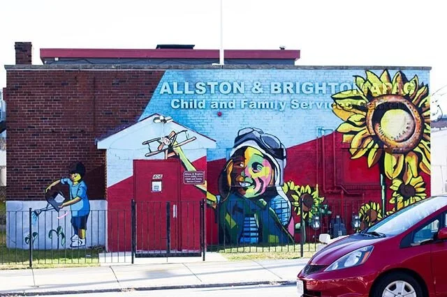 Mural wall 1 out of 2 commissioned by Allston and Brighton APAC Child and Family Services Center.  In this one, the idea of growth and dreams is explored. The little boy on the left waters the small plant....and look what it grows into! It&rsquo;s ab