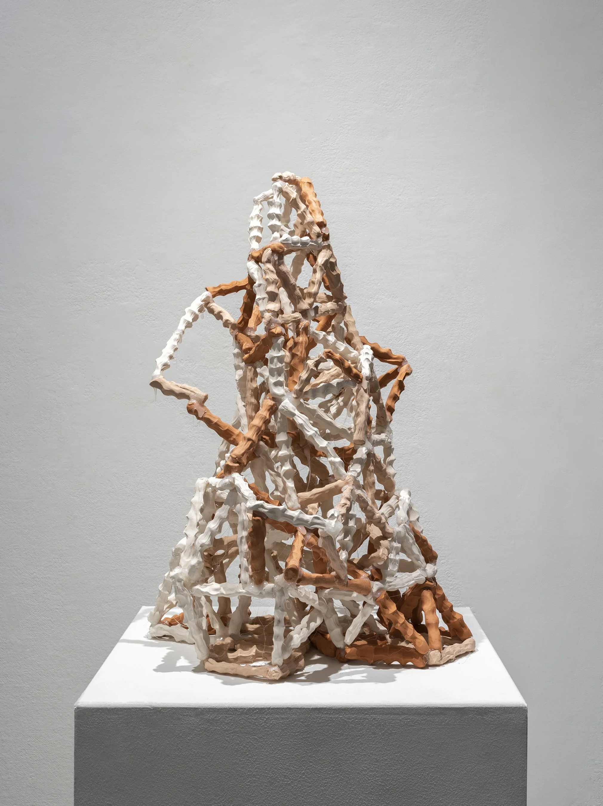      A CAUTIONARY BABBLING FOR VLADIMID TATLIN — ASEMIC CONSTRUCTION       Porcelain, stoneware, earthenware, hot glue. 21.5” x 17” x 16”, 2021     
