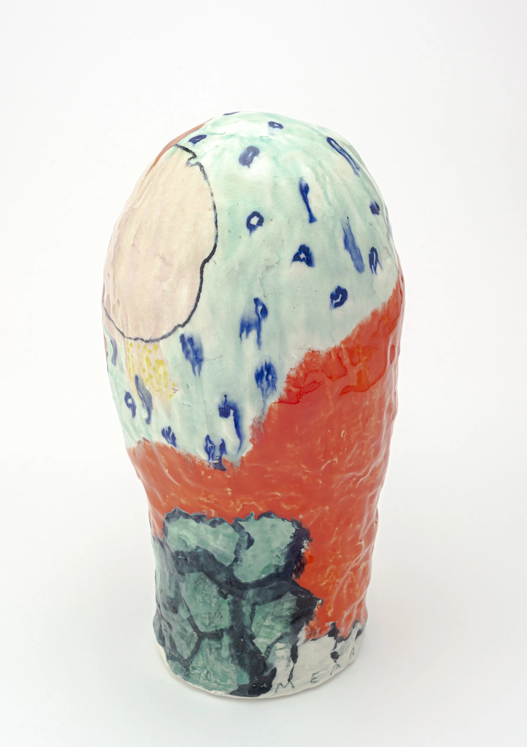      DAZZLE-FLAUGE: SCRIM N’ CUT — OBSERVER&nbsp;&nbsp;&nbsp;&nbsp;&nbsp;&nbsp;    &nbsp;&nbsp;&nbsp;Paper Porcelain, Polychome Inlay Slips, and Glazes. 14” x 7” x 6.5”, 2019     
