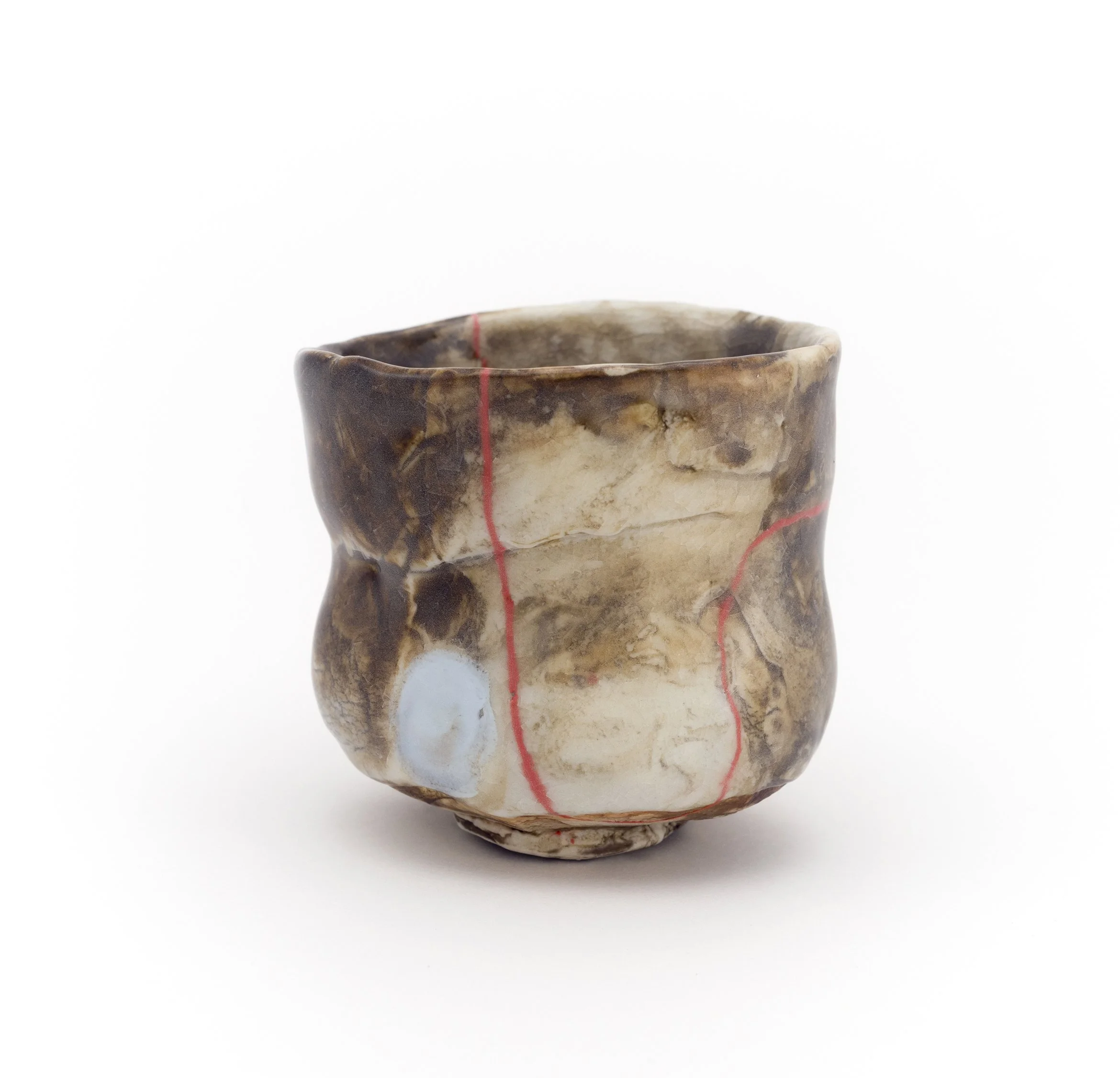    BLACK SLIP, RED INLAY AND FISH SCALE CELADON GLAZE, REDUCTION ATMOSPHERE — INCHOATE DRINKING VESSEL       Ceramic. 3” x 3.7” x 3.2”, 2019                 