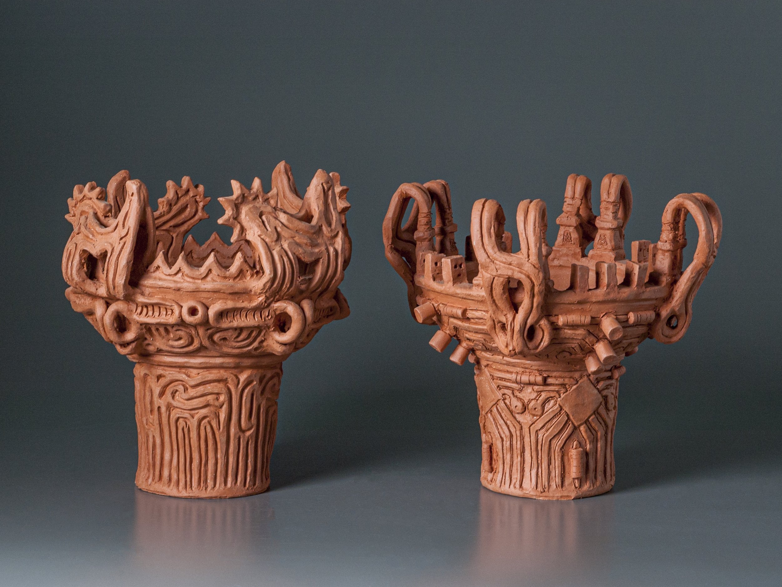     Intermediate Low Fire,  Historical Project‍ —  ‍  Jōmon, Contrasting Variations: Historic &amp; Circuitry&nbsp;&nbsp;       Terracotta. 18" x 35" x 14", 2018&nbsp;      